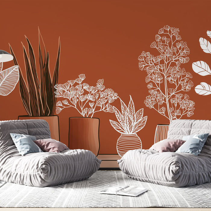 Une pièce moderne avec un papier peint terracotta illustrant des plantes en pot en contours blancs, créant une ambiance chaleureuse et accueillante.
