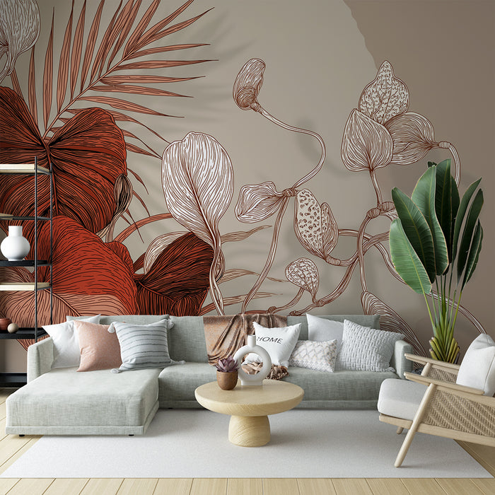 Papier peint plantes | Motifs floraux en nuances de rouge et beige