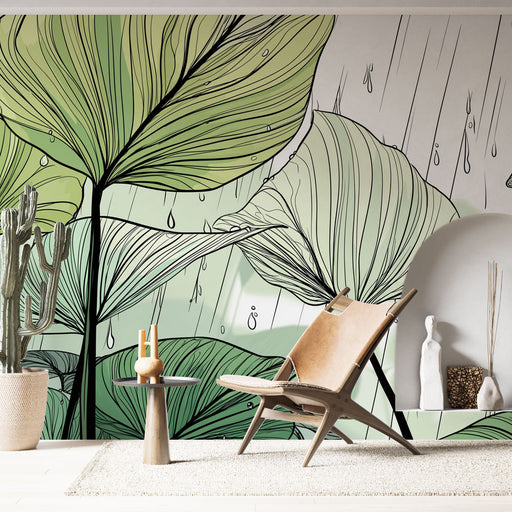 Une pièce moderne avec un papier peint tropical aux grandes feuilles vertes stylisées, créant une atmosphère fraîche et apaisante.