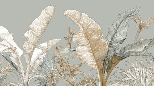 Papier peint plantes tropicales Feuilles dessinées à la main sur fond doux