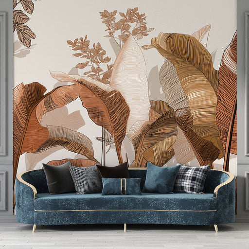 Un salon élégant avec un papier peint aux motifs de grandes feuilles stylisées dans des teintes chaudes de beige et marron, créant une atmosphère chaleureuse et naturelle.