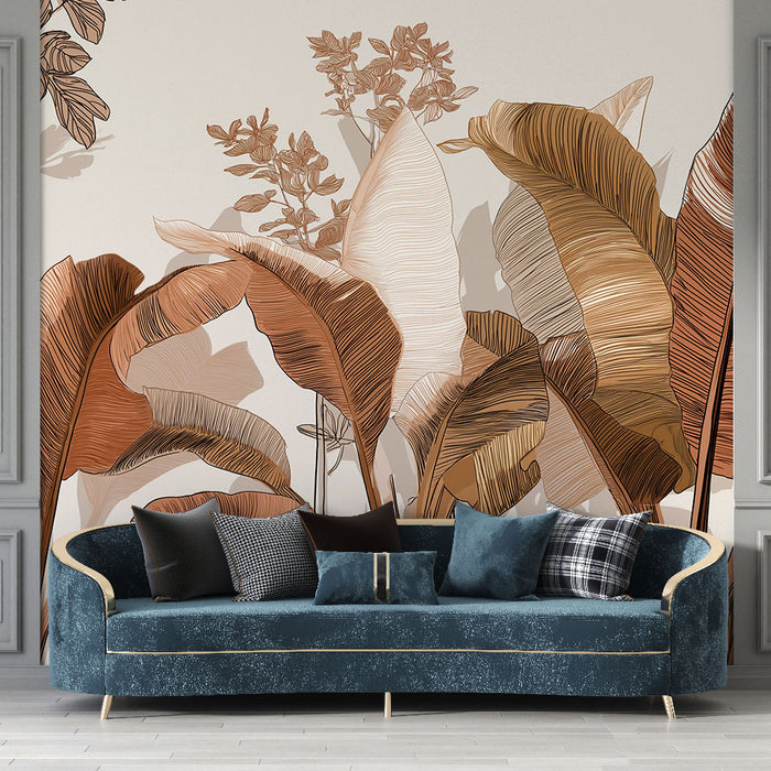 Un salon élégant avec un papier peint aux motifs de grandes feuilles stylisées dans des teintes chaudes de beige et marron, créant une atmosphère chaleureuse et naturelle.