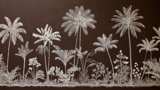Papier peint plantes tropicales Silhouettes blanches de palmiers sur fond chocolat
