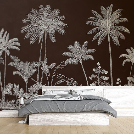 Une chambre moderne avec un papier peint tropical représentant des palmiers stylisés en blanc sur un fond brun riche, créant une atmosphère chaleureuse et accueillante.