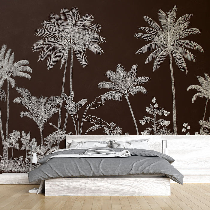 Une chambre moderne avec un papier peint tropical représentant des palmiers stylisés en blanc sur un fond brun riche, créant une atmosphère chaleureuse et accueillante.