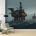 Une pièce moderne avec un papier peint représentant des plateformes pétrolières en mer, dans des teintes sombres et une ambiance dramatique et industrielle.