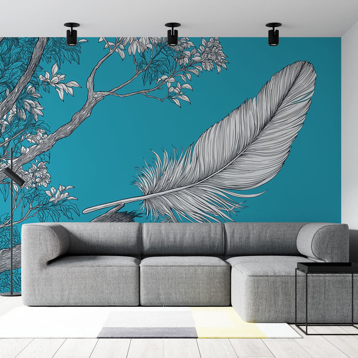 Un salon moderne avec un papier peint turquoise illustrant des branches et une plume en noir et blanc, créant une ambiance artistique et apaisante.