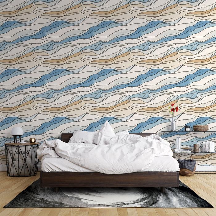 Une chambre moderne avec un papier peint aux motifs ondulés bleu, beige et blanc créant une atmosphère apaisante et dynamique.