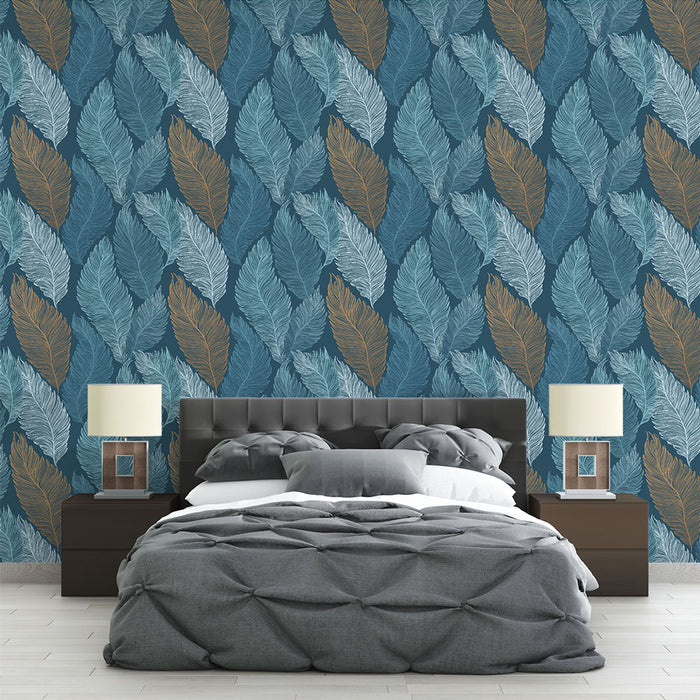 Une chambre moderne avec un papier peint aux motifs de feuilles stylisées dans des teintes bleu, turquoise et doré, créant une atmosphère apaisante et naturelle.