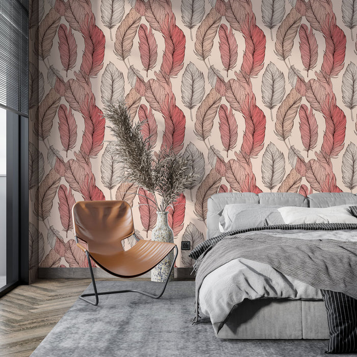 Une chambre moderne avec un papier peint aux motifs de plumes dans des teintes douces de rose et beige, créant une atmosphère chaleureuse et accueillante.