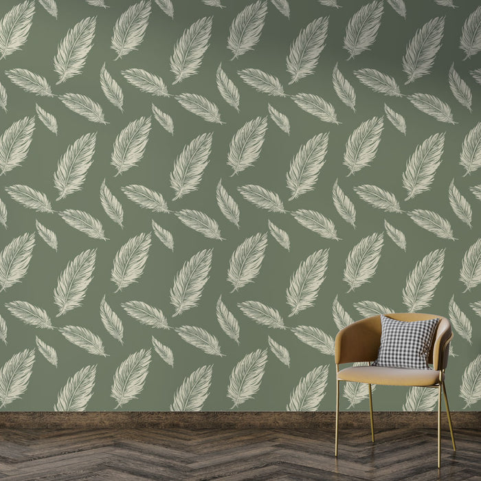Une pièce moderne avec un papier peint vert olive orné de délicates plumes blanches, créant une atmosphère apaisante et naturelle.
