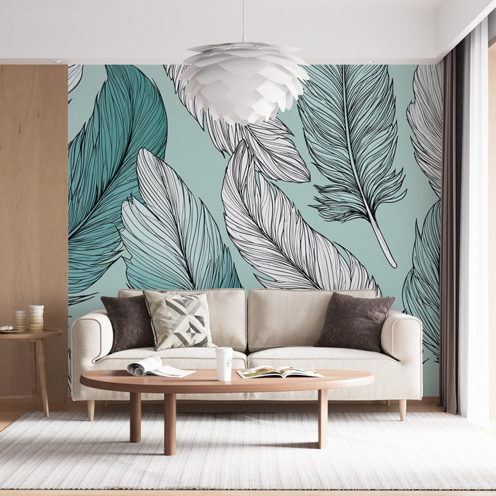 Un salon moderne avec un papier peint représentant de grandes feuilles stylisées en noir et turquoise sur fond mint, créant une ambiance fraîche et apaisante.