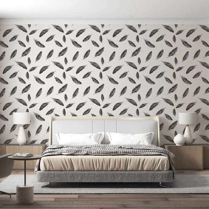 Une chambre moderne avec un papier peint aux motifs de plumes noires sur fond clair, créant une atmosphère douce et apaisante.