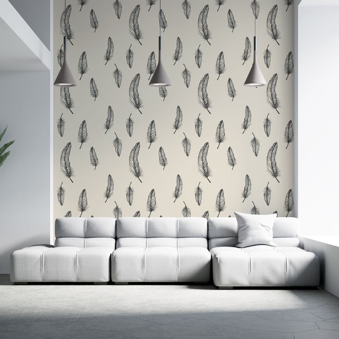 Un salon moderne avec un papier peint beige orné de plumes noires délicates, créant une ambiance douce et apaisante.