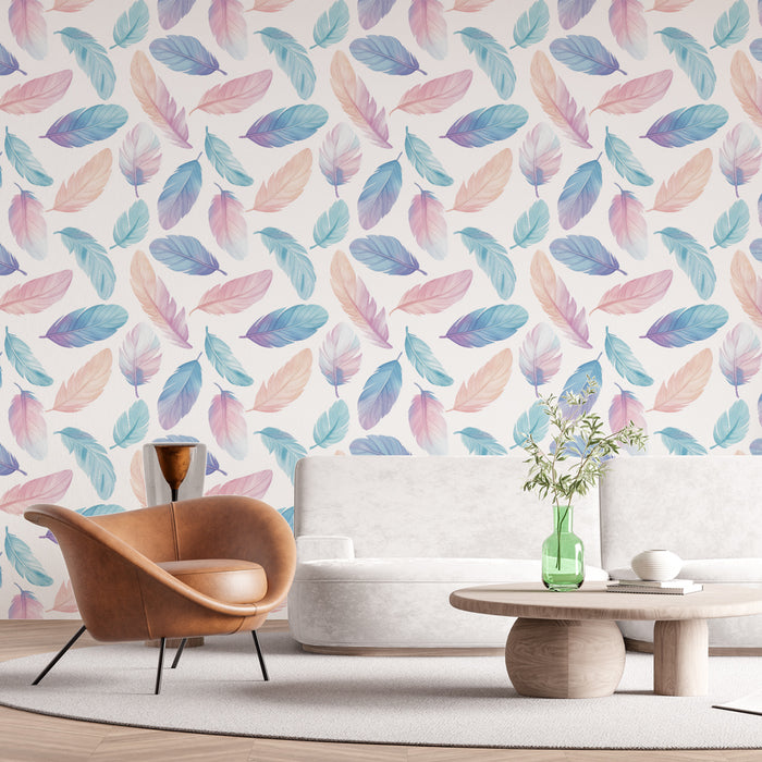 Un salon moderne avec un papier peint délicat aux motifs de plumes pastel évoquant une ambiance douce et apaisante.