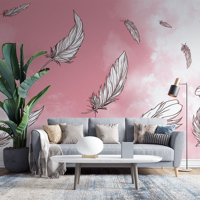 Un salon moderne avec un papier peint rose pastel orné de plumes délicates en noir, créant une ambiance douce et aérienne.