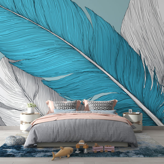 Une chambre moderne avec un papier peint représentant de grandes plumes turquoise et grises sur fond clair, créant une atmosphère fraîche et apaisante.