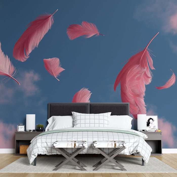 Une chambre moderne avec un papier peint bleu profond orné de plumes roses flottantes, créant une atmosphère douce et rêveuse.
