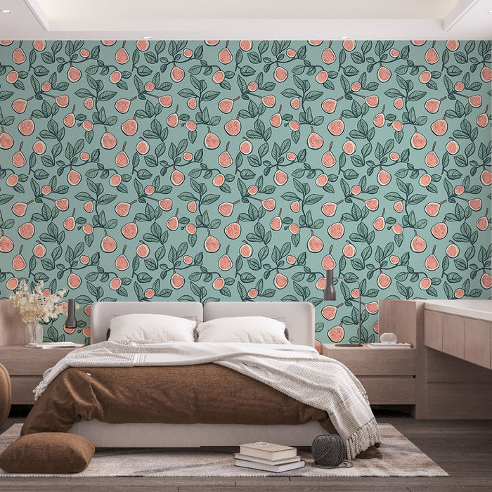 Une chambre apaisante avec un papier peint floral vert d'eau orné de motifs de fruits et de feuilles, créant une atmosphère fraîche et naturelle.