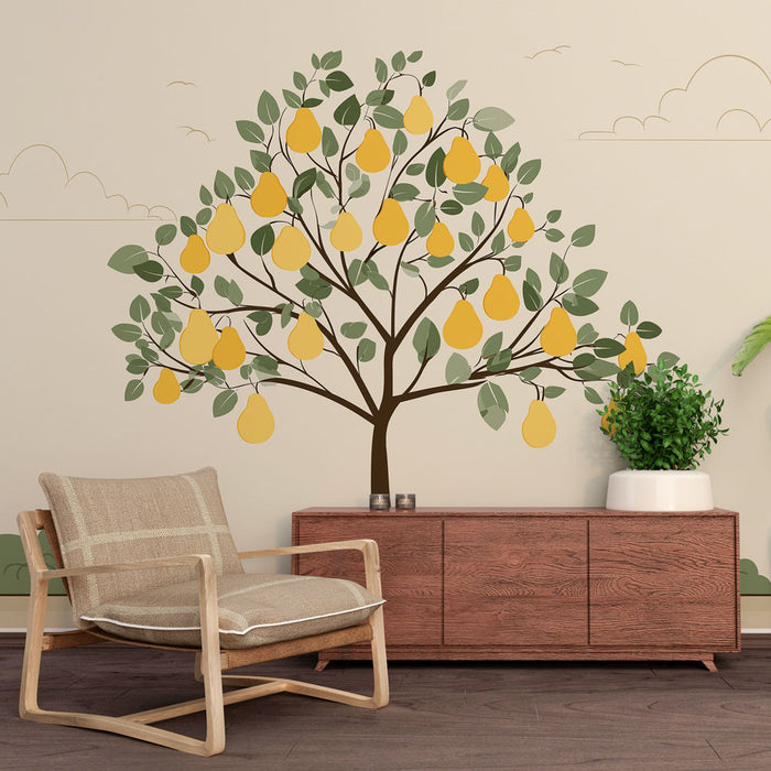 Une pièce moderne avec un papier peint illustrant un arbre à poires aux couleurs vives, créant une atmosphère fraîche et naturelle.