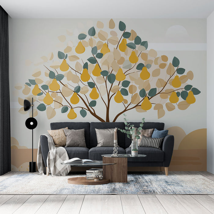 Un salon moderne avec un papier peint illustrant un arbre aux poires stylisées, aux teintes jaunes et vertes, créant une ambiance chaleureuse et accueillante.