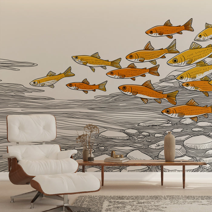 Un salon contemporain avec un papier peint illustrant des poissons orange et jaune sur un fond beige, créant une ambiance dynamique et apaisante.