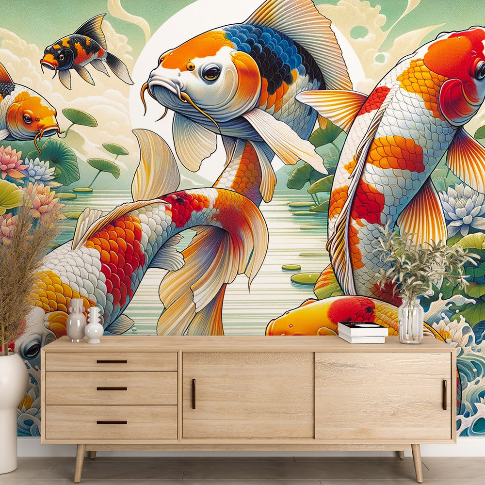 Papier peint poisson japonais | Carpe Koï, Lotus et coucher de soleil