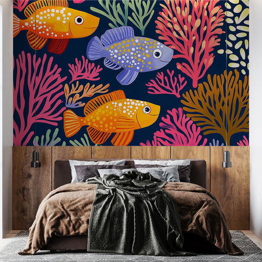 Papier peint aquatique avec poissons colorés et coraux vibrants pour chambre moderne.