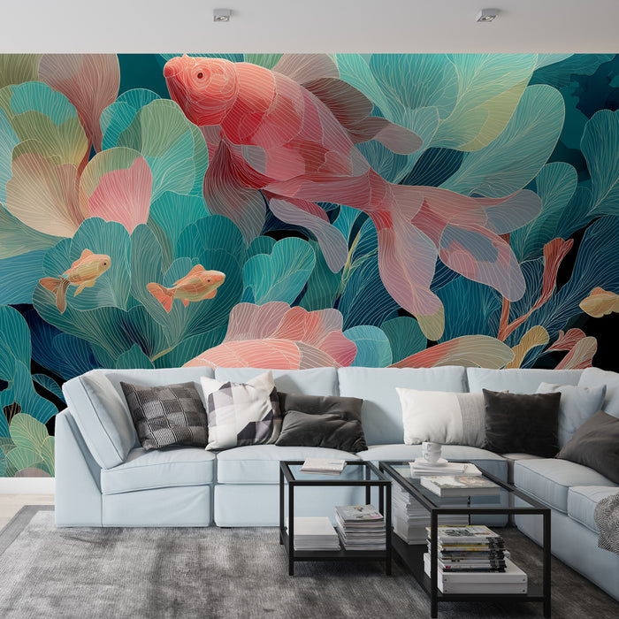 Un salon contemporain avec un papier peint aquatique vibrant représentant des poissons rouges et des feuilles stylisées sur fond sombre, créant une ambiance dynamique et apaisante.