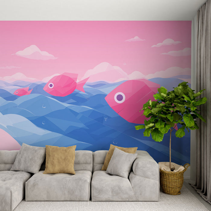 Une pièce moderne avec un papier peint graphique représentant des poissons roses flottant sur des vagues bleues, créant une ambiance ludique et apaisante.