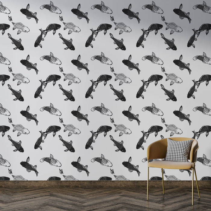Une pièce moderne avec un papier peint illustrant des poissons en noir et blanc sur fond clair, créant une ambiance artistique et dynamique.
