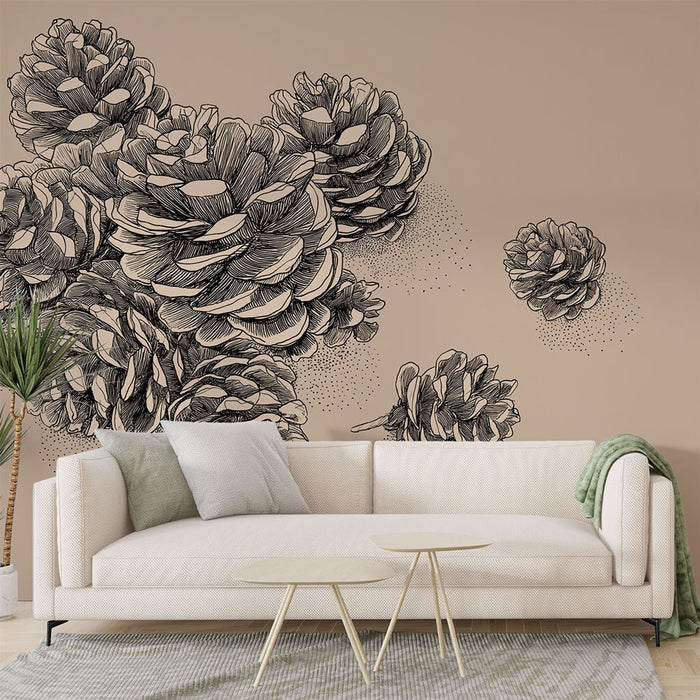 Un salon contemporain avec un papier peint représentant des pommes de pin en noir sur fond beige, créant une ambiance naturelle et artistique.