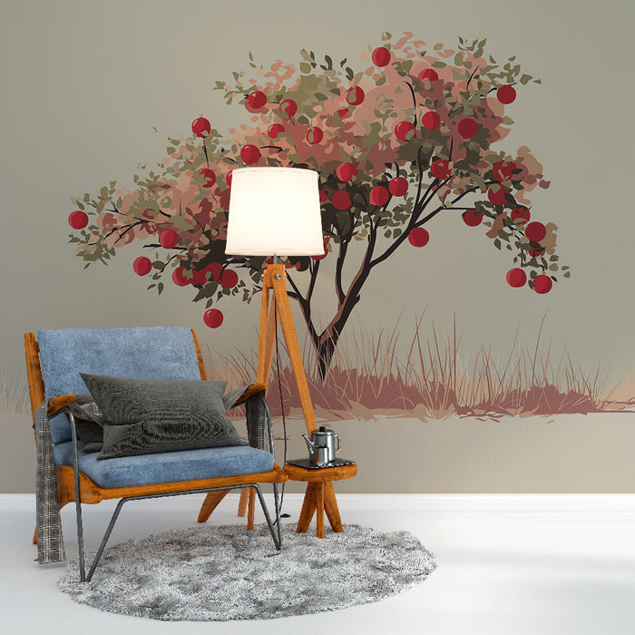 Une pièce de vie contemporaine avec un papier peint illustrant un arbre fruitier aux pommes rouges sur fond beige, créant une atmosphère chaleureuse et accueillante.