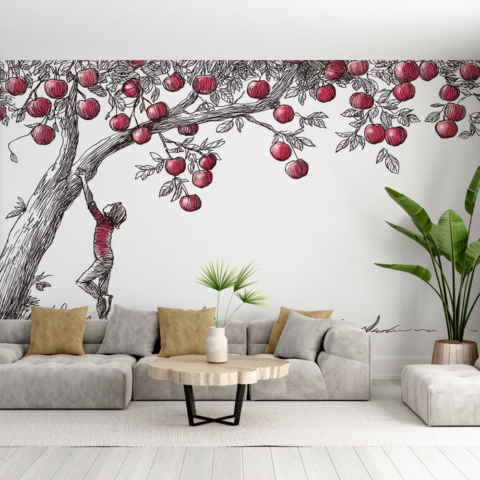 Un salon moderne avec un papier peint illustratif représentant un enfant grimpant à un arbre chargé de pommes rouges, créant une ambiance ludique et chaleureuse.