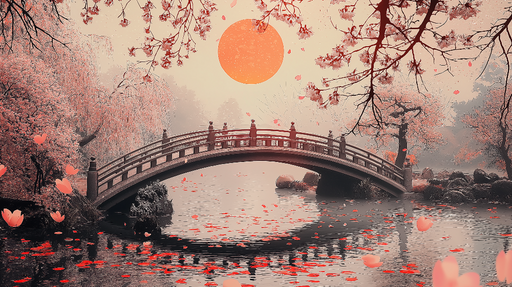 Papier peint pont japonais Scène serene avec fleurs et soleil couchant