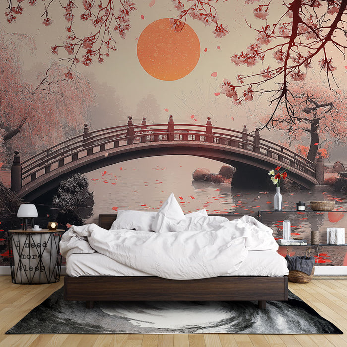 Une chambre apaisante avec un papier peint représentant un paysage asiatique, un pont en bois et un soleil orangé, créant une atmosphère sereine et romantique.