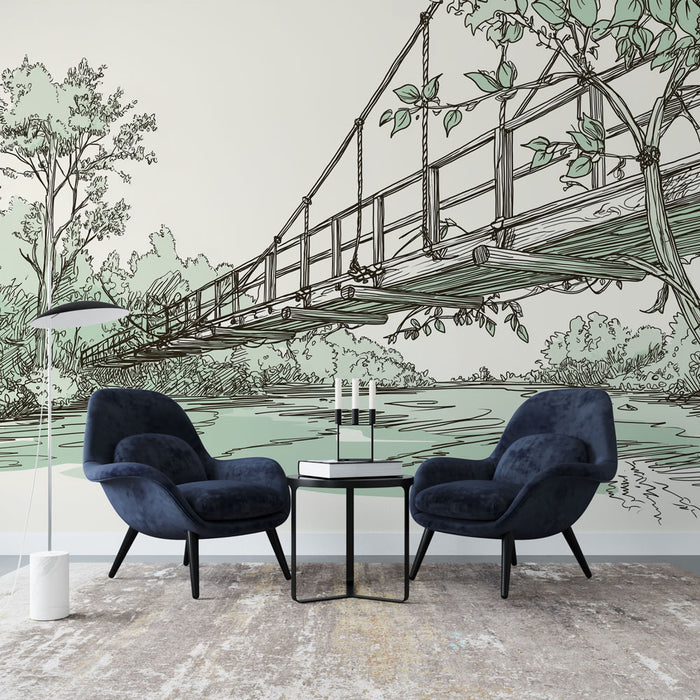 Une pièce moderne avec un papier peint illustratif représentant un pont suspendu entouré de végétation, créant une atmosphère sereine et naturelle.