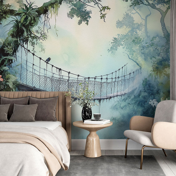 Une chambre apaisante avec un papier peint aquarelle représentant un pont suspendu entouré de végétation luxuriante, créant une atmosphère naturelle et sereine.