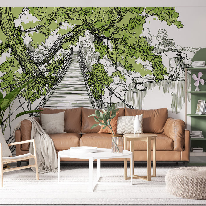 Une pièce moderne avec un papier peint illustratif représentant un chemin suspendu entouré de feuillage vert, créant une atmosphère apaisante et naturelle.