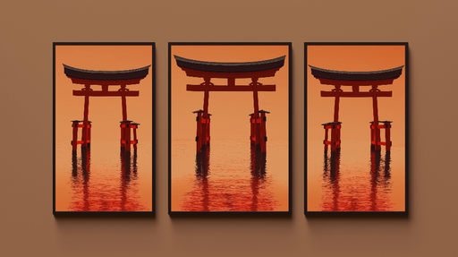 Papier peint portail japonais Silhouettes de portails rouges au crépuscule