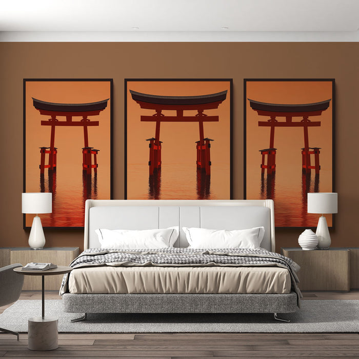 Une chambre moderne avec un papier peint brun chaleureux mettant en valeur des triptyques de portes torii rouges, créant une atmosphère zen et apaisante.