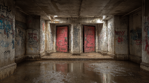 Papier peint porte rouge Ambiance urbaine et mystérieuse avec des graffiti
