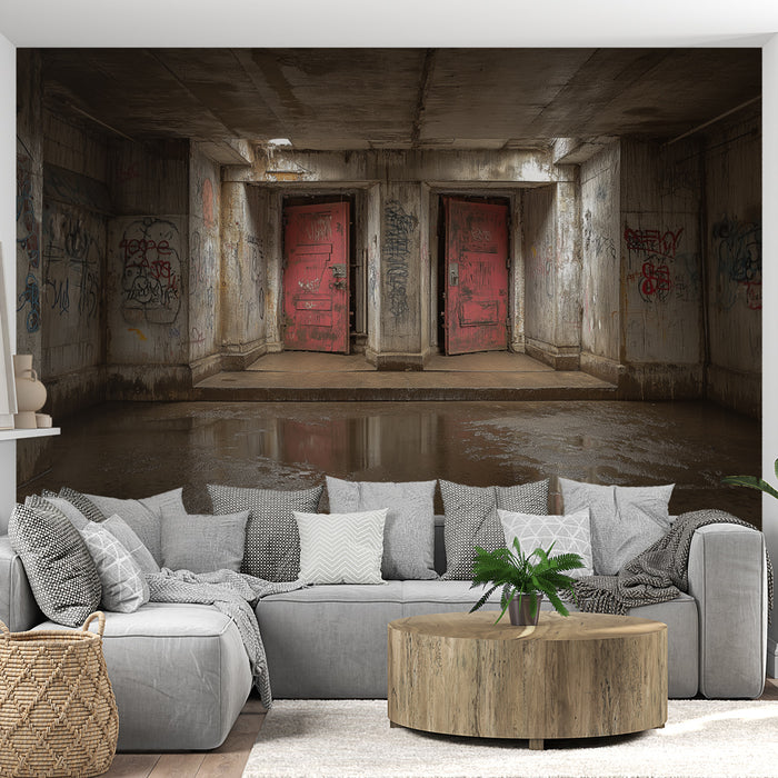 Un salon contemporain avec un papier peint représentant une scène urbaine mystérieuse, où des portes rouges se détachent sur un fond de béton et de graffitis, créant une ambiance intrigante et audacieuse.