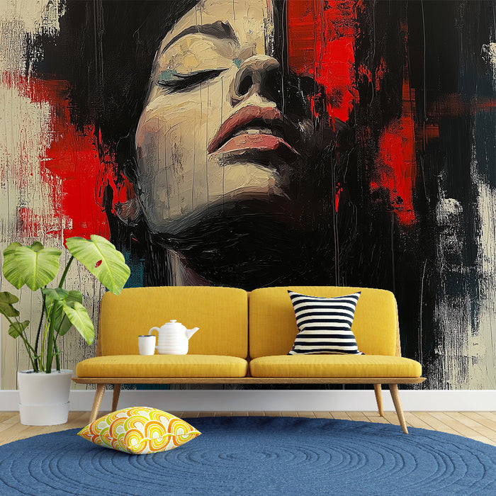 Papier peint abstrait avec portrait de femme éthérée sur fond coloré pour salon moderne.