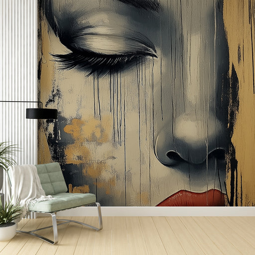 Papier peint abstrait avec portrait de femme et nuances dorées pour salon moderne