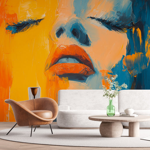 Papier peint abstrait avec visage coloré en bleu et orange pour salon moderne et artistique