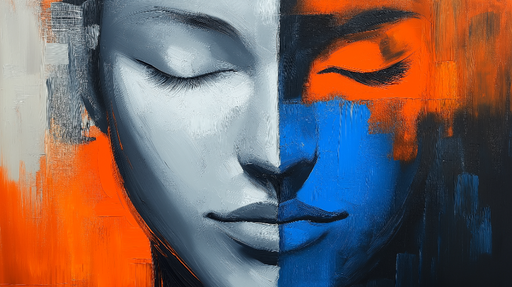 Papier peint portrait abstrait Visage en nuances de bleu et orange