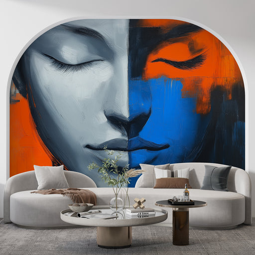 Papier peint abstrait avec portrait en nuances de bleu et orange pour salon moderne