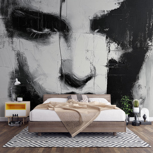 Papier peint abstrait noir et blanc avec visage expressif pour chambre moderne