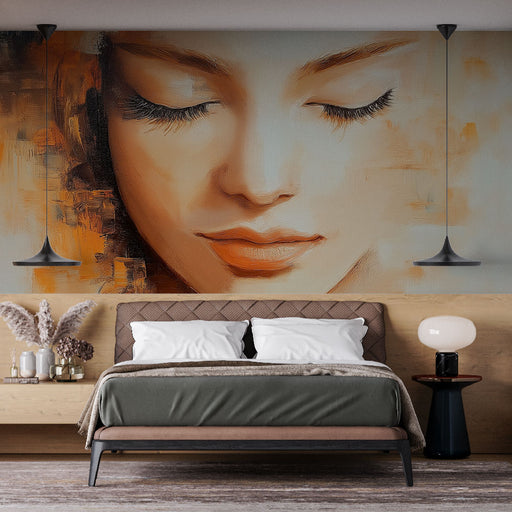 Papier peint portrait abstrait visage féminin aux teintes chaudes et apaisantes pour chambre moderne